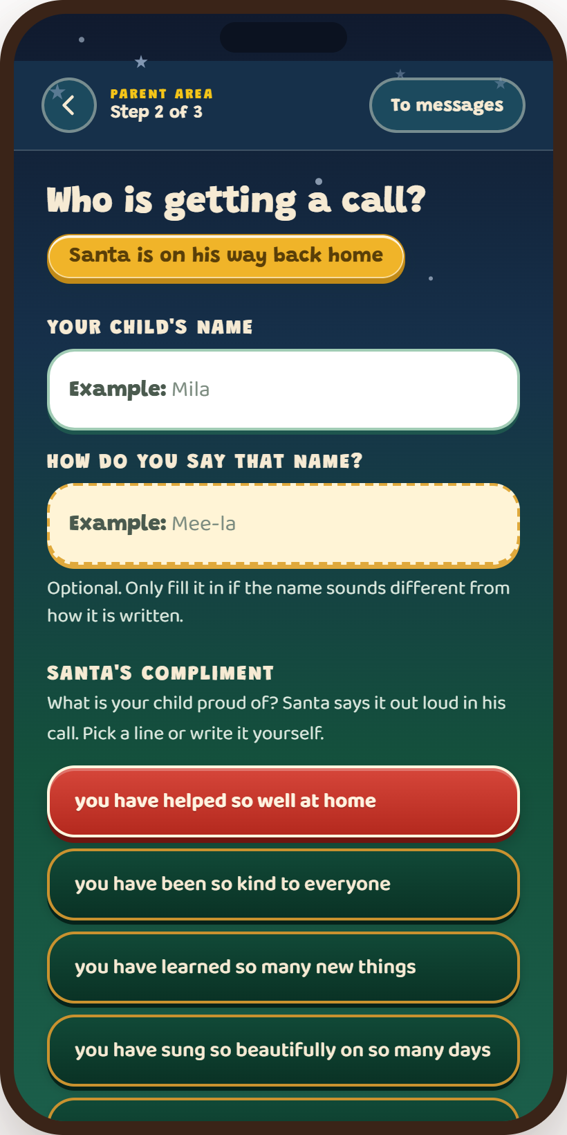 The parent screen where you fill in the call